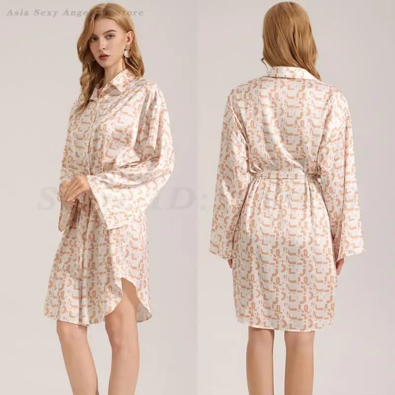 Long Sleeved Night Shirt Fashion Print Nightwear Summer Night Shirt in Satin Bathrobe Sexy Large Casual Dress for Home Pigiama