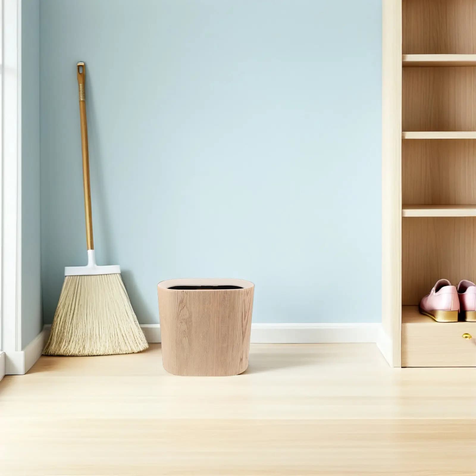 Wood Grain Trash Can with Lid Retro Style Narrow Space Bathroom Bedroom Office Covered Garbage Bin Pet Proof Plastic Wastebasket