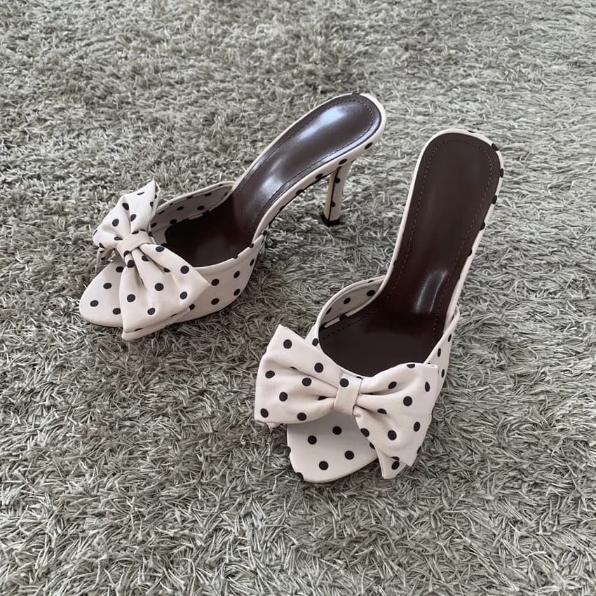 Women's Mule Sandals with Pois Fiocco, Peep Toe, in Retro Raso, with Spillo heel, Elegant Summer Women's Ceremony Shoes