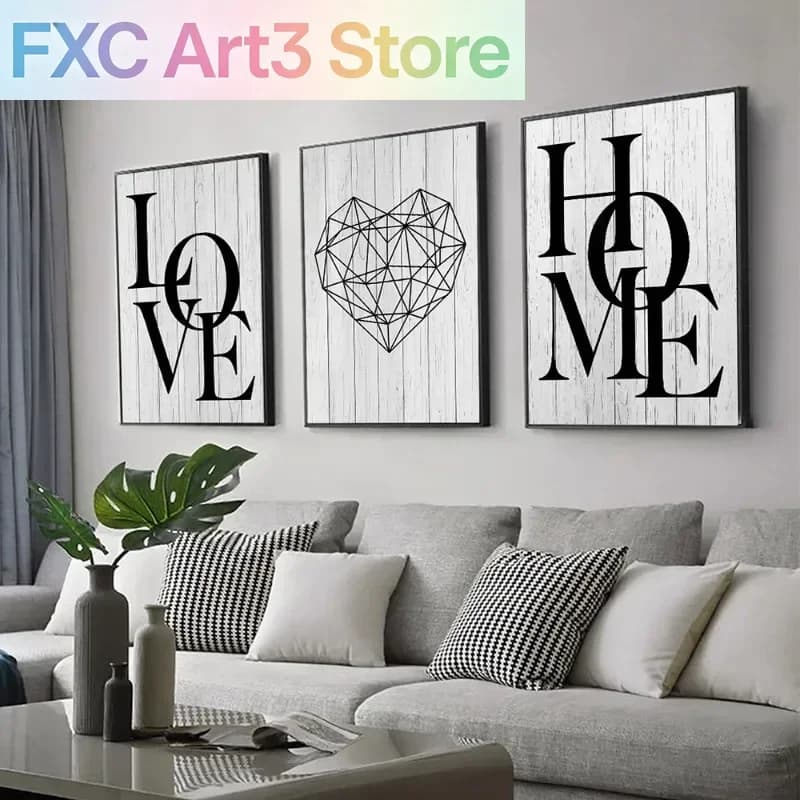 3pcs/Set frameless, Love Home Diamond Heart Letter Canvas Prints Nordic Modern Living Room Wall Art Black White Decorative Paint