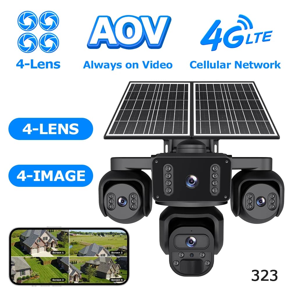 Telecamera Solare di Sicurezza Esterna AOV 24/7 Online con Quattro Obiettivi e 4 Schermi a 360° ° Telecamera CCTV con Vista Panoramica, Batteria da 20100mAh, Visione Notturna