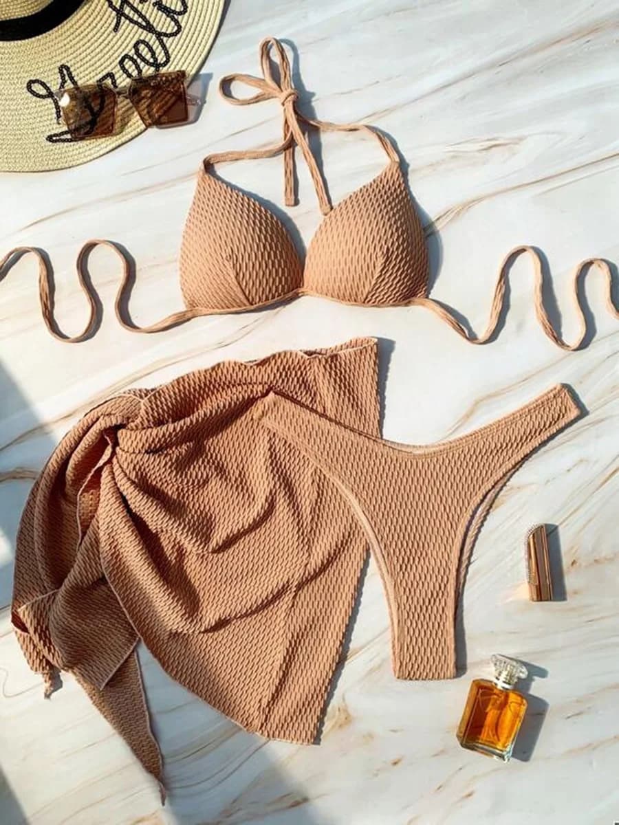 Con reggiseno da spiaggia pareo coppa bikini rugoso costume da bagno femminile costumi da bagno donna bikini a tre pezzi costume da bagno push up costume da bagno da donna