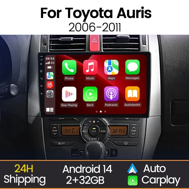 Autoradio Android 14 for Toyota Auris E150 2006-2012, Stereo Multimedia Reader with Carplay Wireless and DVD