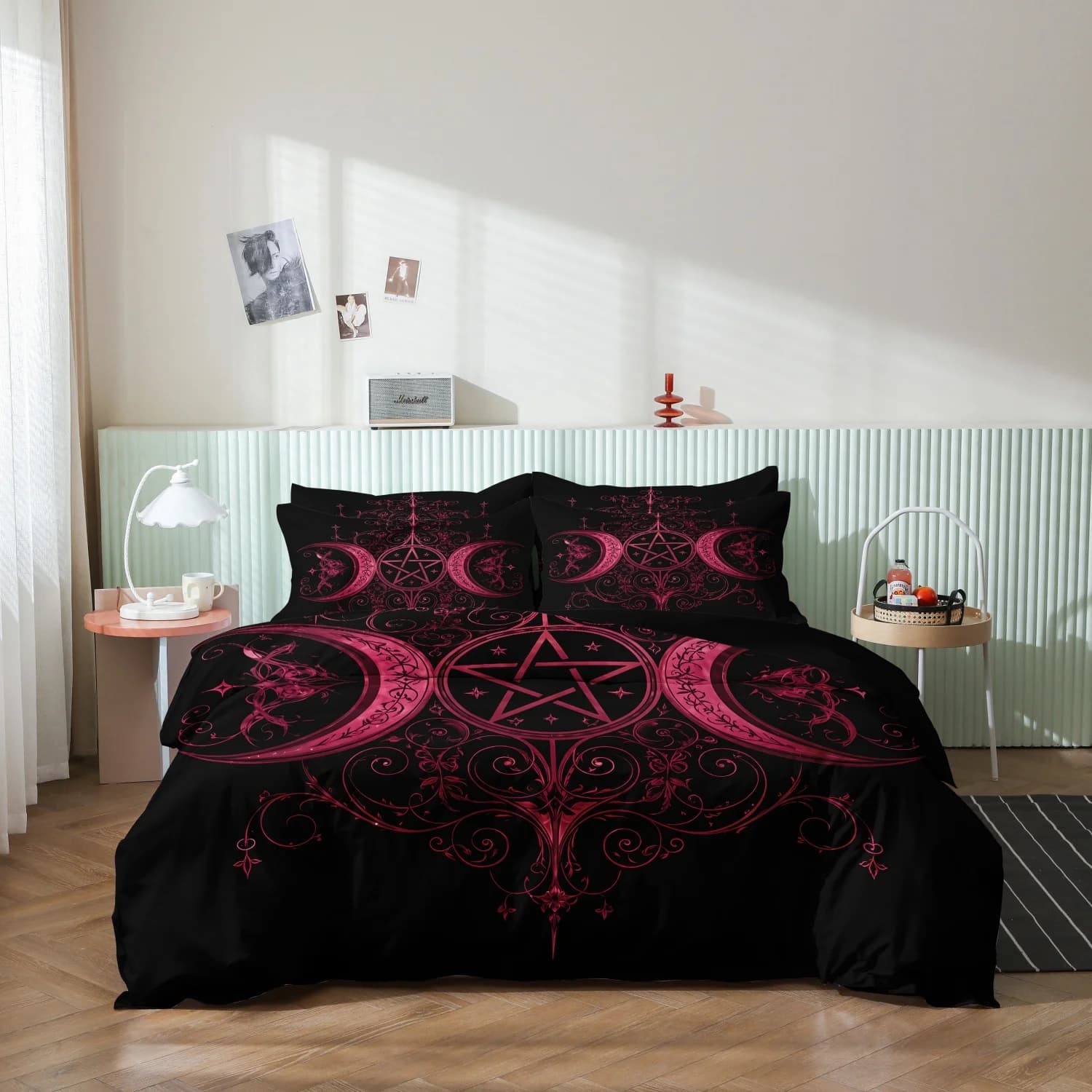 Set di 3 Copripiumini Vintage con Motivo Luna Tripla, Eleganti Motivi a Vite Ricciola Rosa e Rossi, per Camera da Letto, Dormitorio, Hotel e Uso Quotidiano Domestico