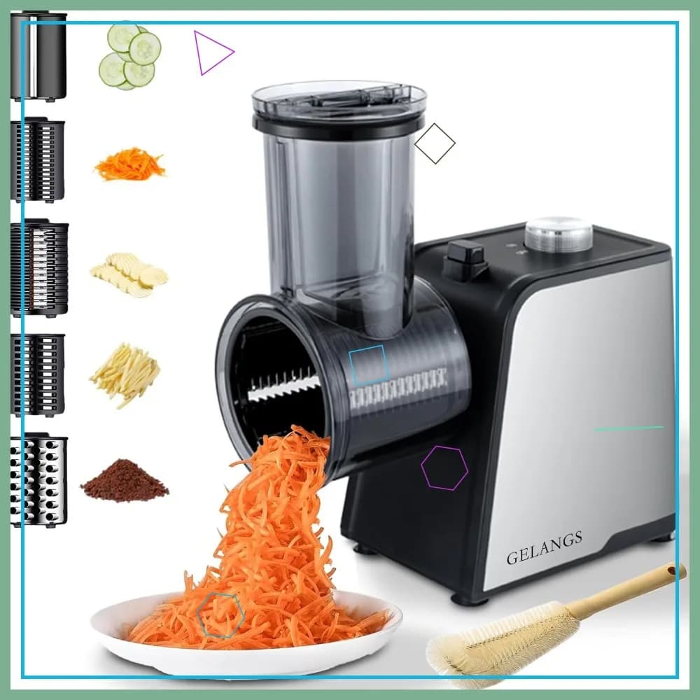 Affettatrice Elettrica 5 in 1, Grattugia per Formaggio e Preparatore di Insalate da 300W, Controllo One-Touch per Verdure, Formaggi, Noci