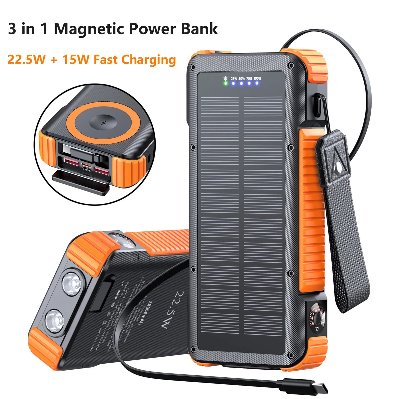 20000mAh Solar Power Bank with Quick Magnetic Wireless Charging 22.5W, MagSafe Battery for iPhone, iWatch, Airpods