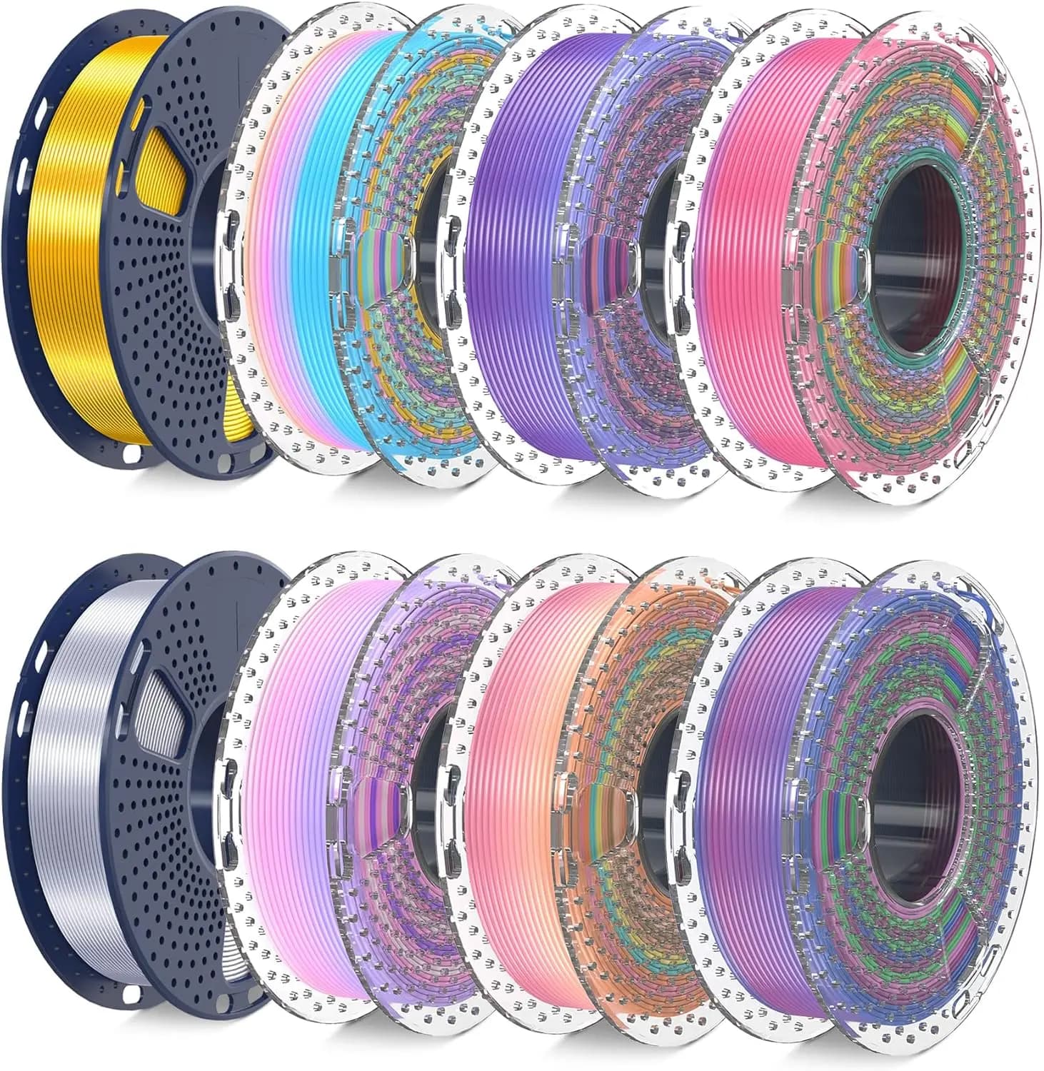 Set di Filamenti per Stampante 3D: PLA Seta Arcobaleno Multicolore, Cambio Colore Rapido 8m, Bobina da 250g Confezionata Sottovuoto, 8 Rotoli Totali 2kg