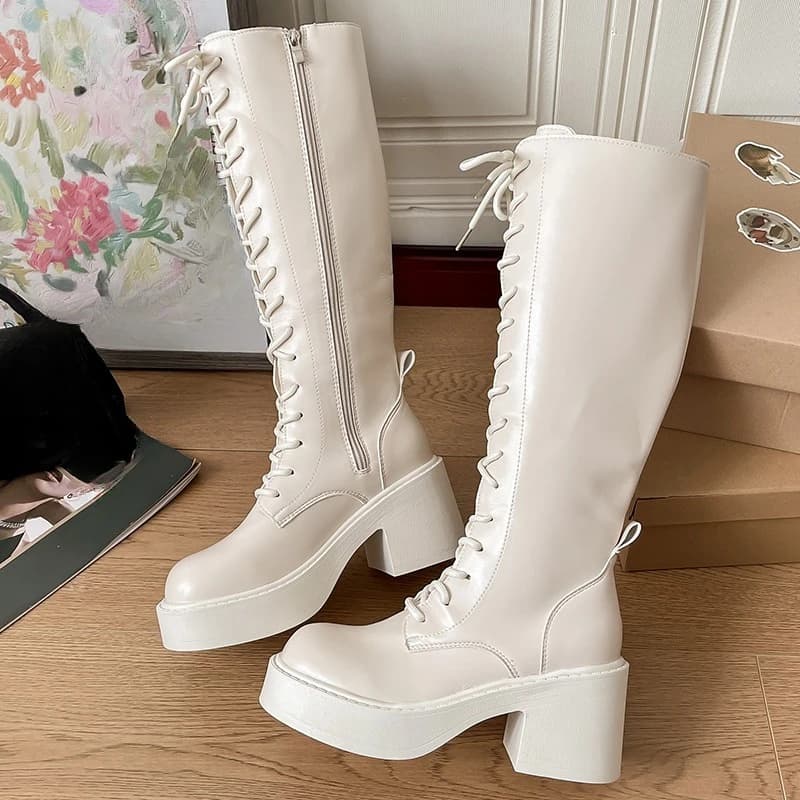 Piattaforma Tacco largo Scarpe singole Autunno da donna Nuovo Punta tonda Lace-Up Frontale Tiro laterale Antiscivolo Stivali alti resistenti all'usura