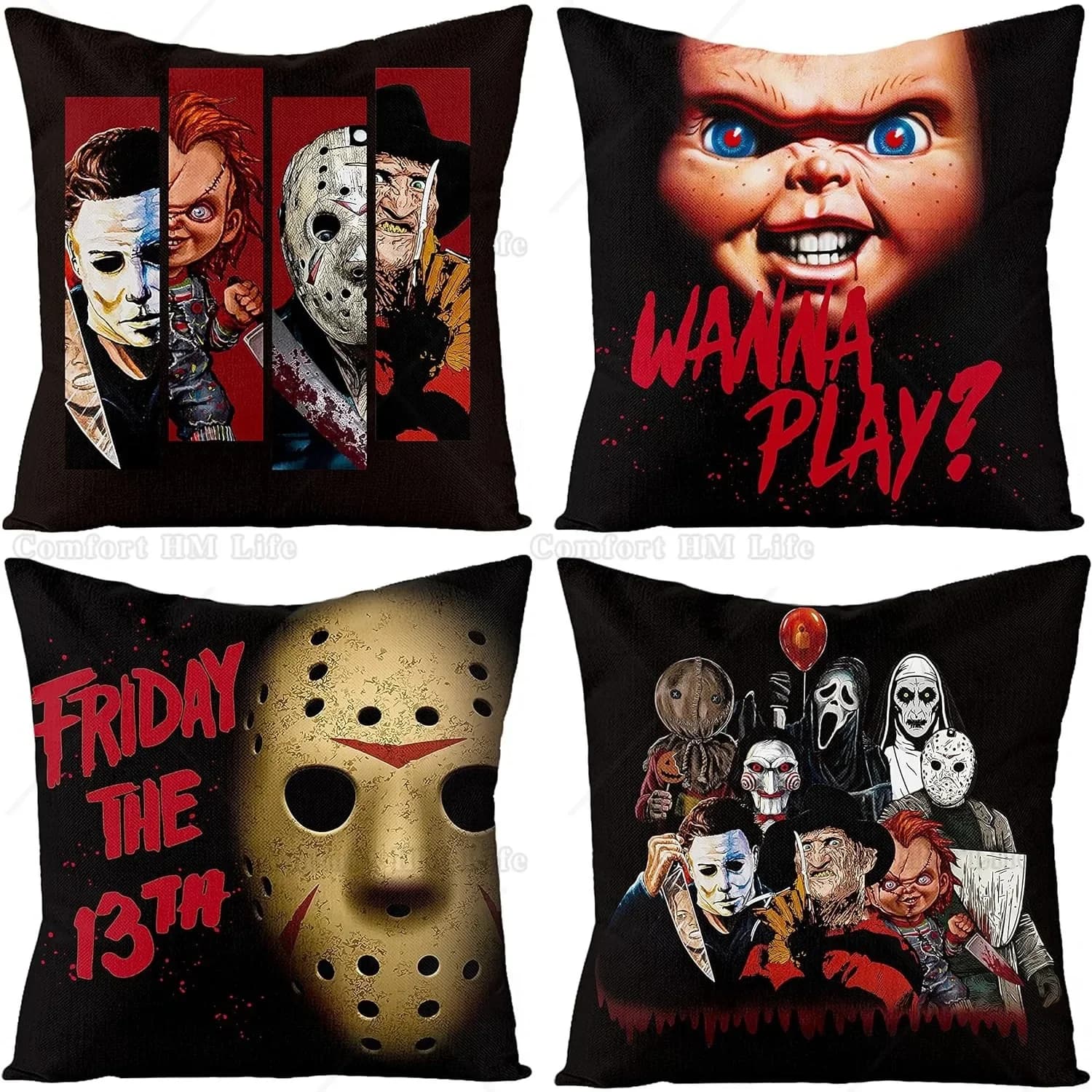 4 pezzi Horror Classic Movie Characters federe per cuscini 18x18 pollici federe per Halloween fodere per cuscini quadrati decorativi in lino