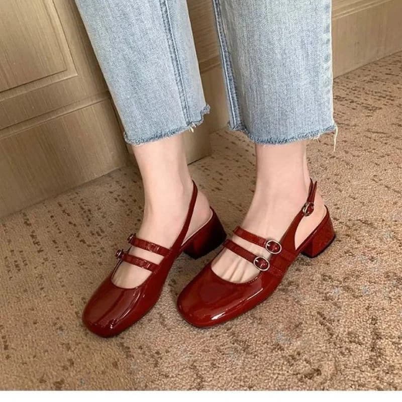 Viral 2025 Women's Mary Jane Shoes, thick heel with fashionable French retro square tip, women's décolleté with soft leather ankle strap