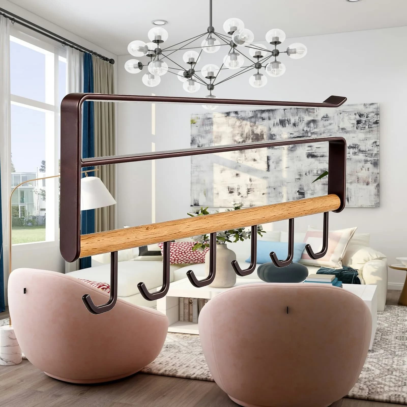 Kitchen Hanging Rack over Cabinet Hook Organizer with Wooden Bar for Utensils Cups Towels No Drill Screwless Storage