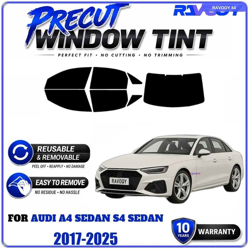 RAVOOY Precut Window Tint, Reusable Removable EPU Film, Custom Fit for Audi A4 Sedan S4 Sedan 2017-2025, UV Heat Protection