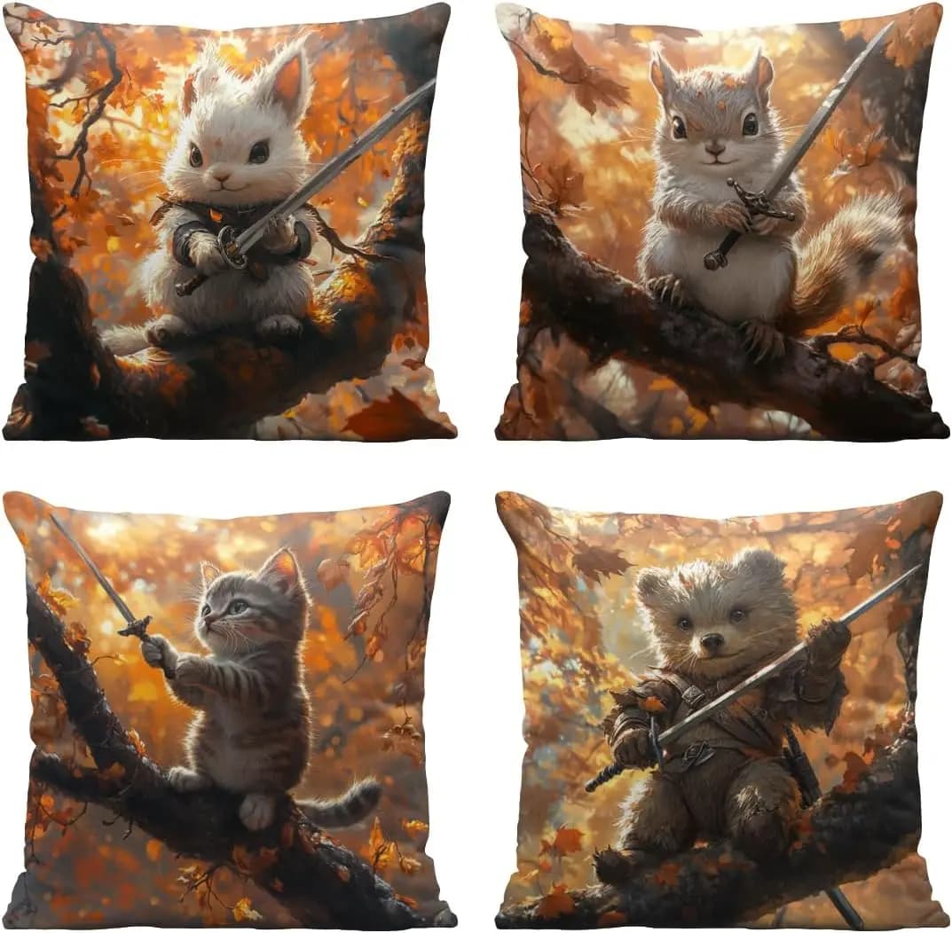 4Pcs Cute Warrior Throw Pillow Covers Fantasy Animals with Swords Cushion Cases for Living Room Bedroom Sofa Home Ornament
