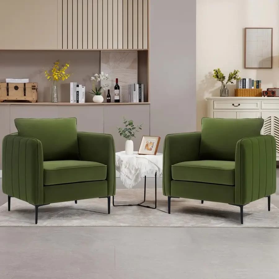 Set di 2 poltrone verdi, poltrone da soggiorno imbottite in velluto con gambe in metallo e cuscino, poltrona moderna in stile Mid-Century