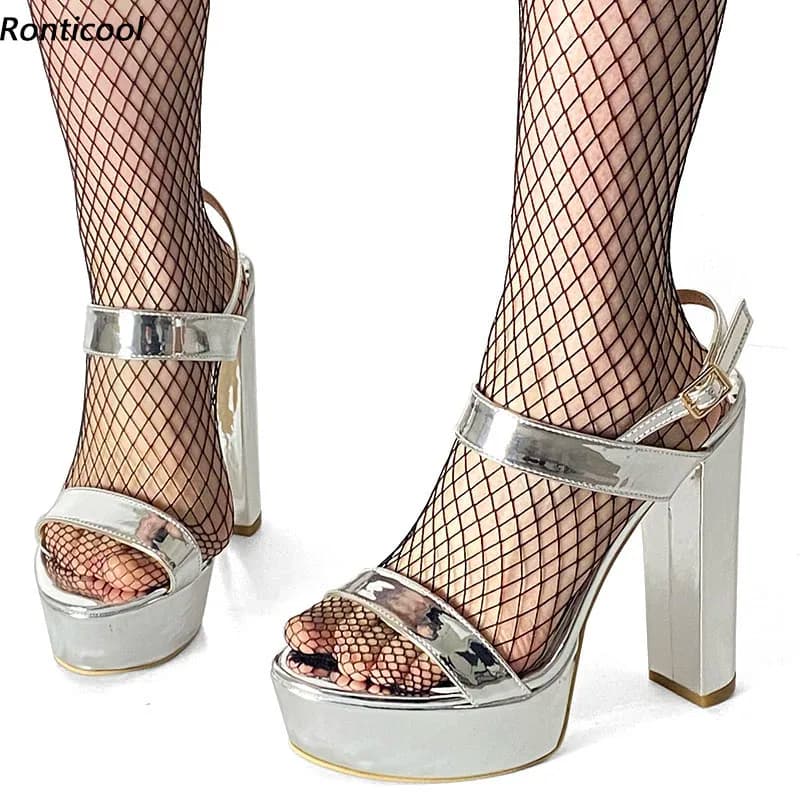 Ronticool Nuove Donne di Arrivo Piattaforma Sandali Lucidi Vernice Tacchi Grossi Open Toe Splendide Argento Nero Scarpe Eleganti Formato USA 5-20