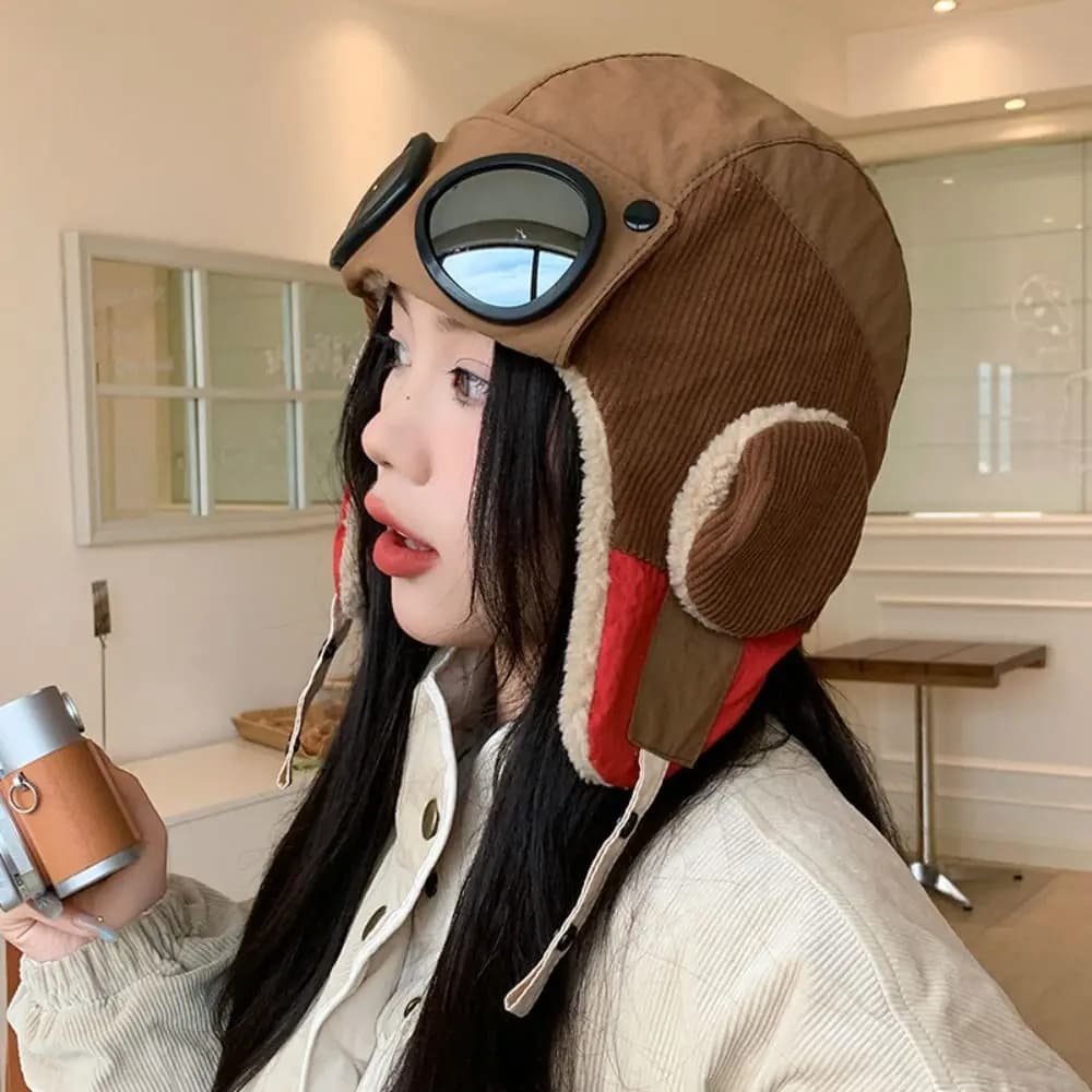Fashion Windproof Winter Pilot Hat With Goggles Beanie Anti Fog Warm Ski Hat Thickened Ear Protection Plush Hat Motorcycle