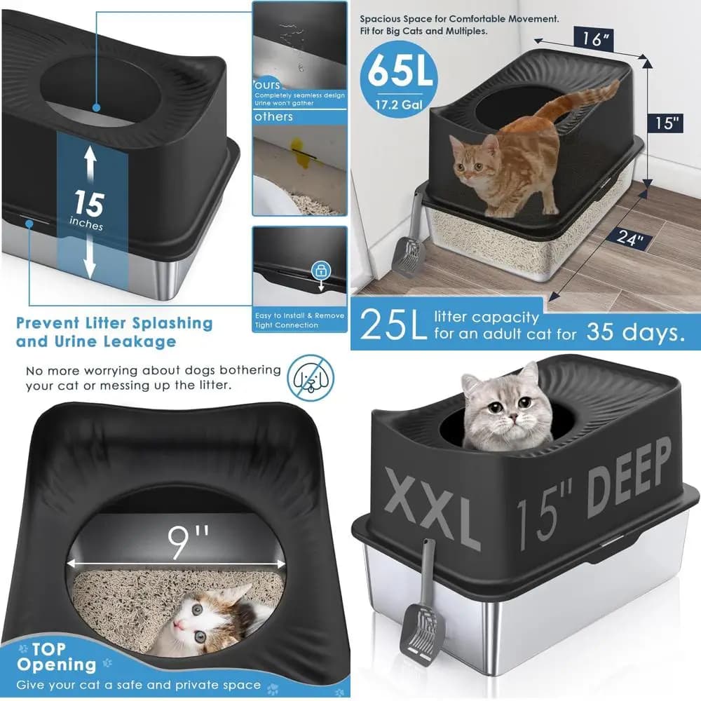 Lettiera per Gatti Extra Large in Acciaio Inossidabile con Coperchio, Vaschetta XL Facile da Pulire, Resistente agli Odori e alla Ruggine