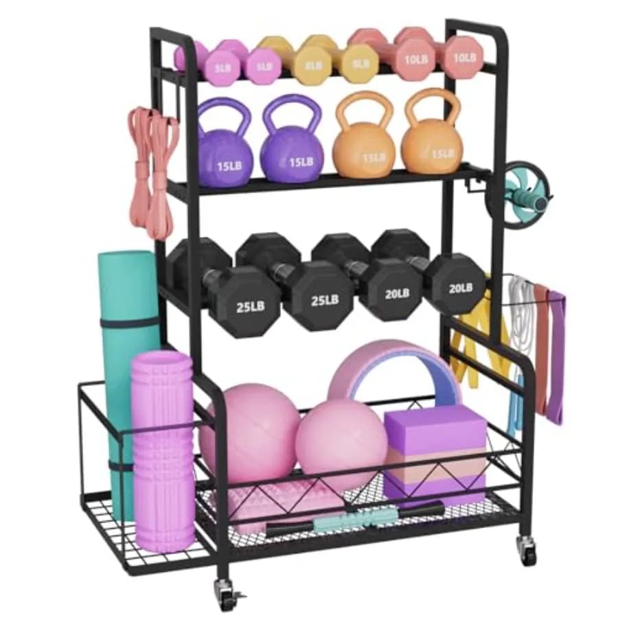 Adjustable Bearing for Home Gym with 4 Wheels, Side Basket and Hooks, Multipurpose Metal Holder for Manubri and Kettlebell