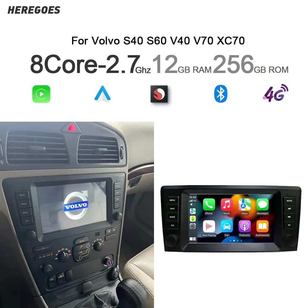 Autoradio Carplay Android 14 8GB con GPS, Navigazione, Lettore Multimediale e Wi-Fi per Volvo XC70 V70 S60 2005 2006 2007 2008 2009