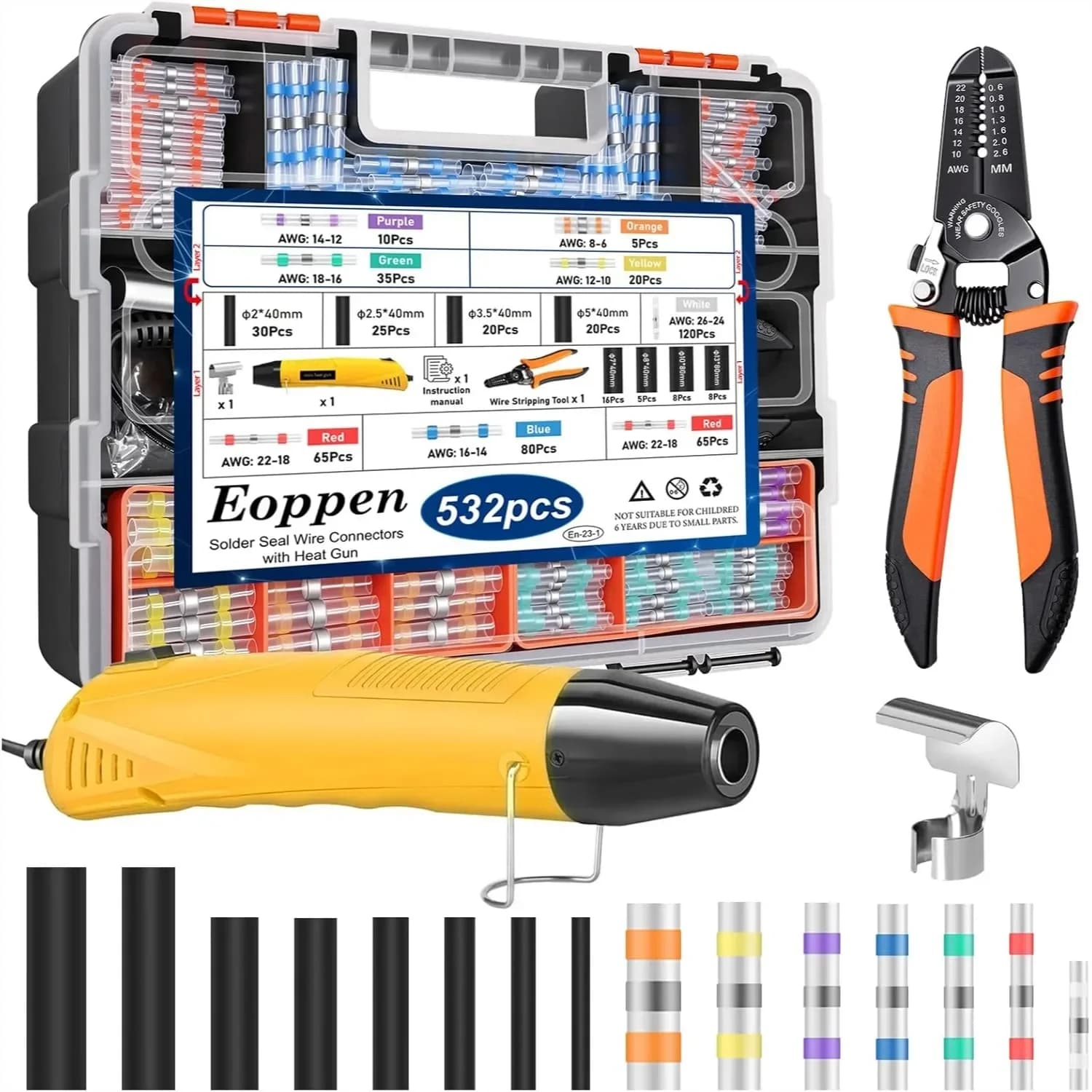Kit di connettori per saldatura da 532 pezzi con tubi termorestringenti e pistola termica, terminali elettrici isolati impermeabili per applicazioni marine e automobilistiche