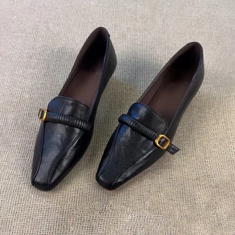 Mocassini da donna con punta quadrata con fibbie per cinture Scarpe basse da un piede Tacchi spessi da esterno Bocca superficiale Scarpe singole Alla moda