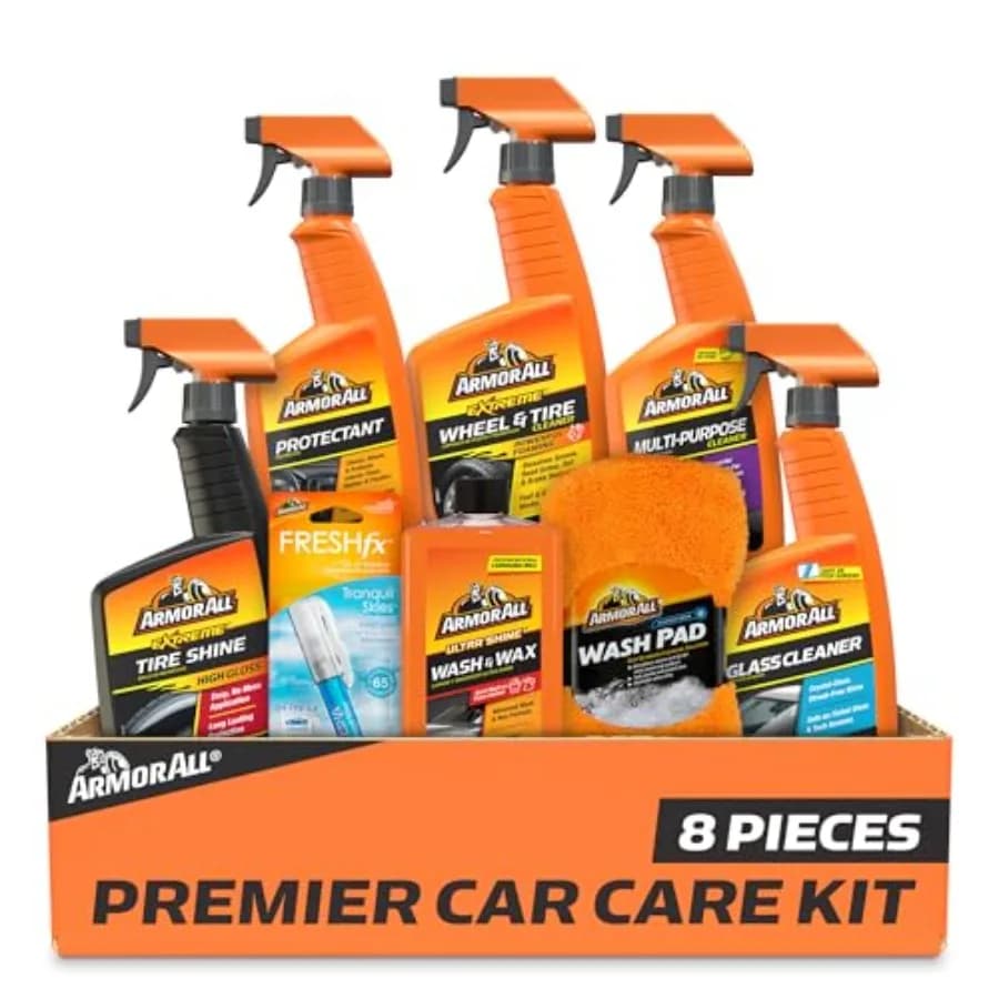 Kit di Cura Auto Premier, Include Cera e Kit Lavaggio Auto, Detergente Vetri, Deodorante Auto, Detergente Pneumatici e Cerchioni, Kit 8 Pezzi