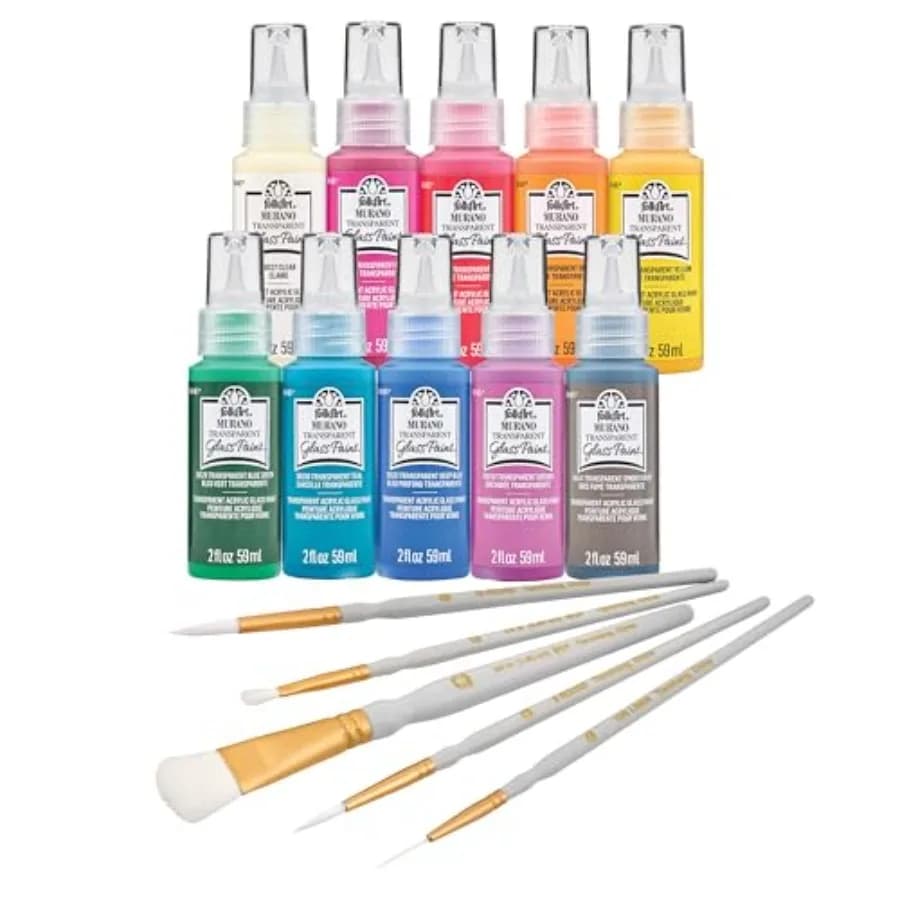 Murano Acrylic Craft Paint Kit, 15 Piece Set Including 5 Brushes and 10 Transparent Colors, PROMOMG24