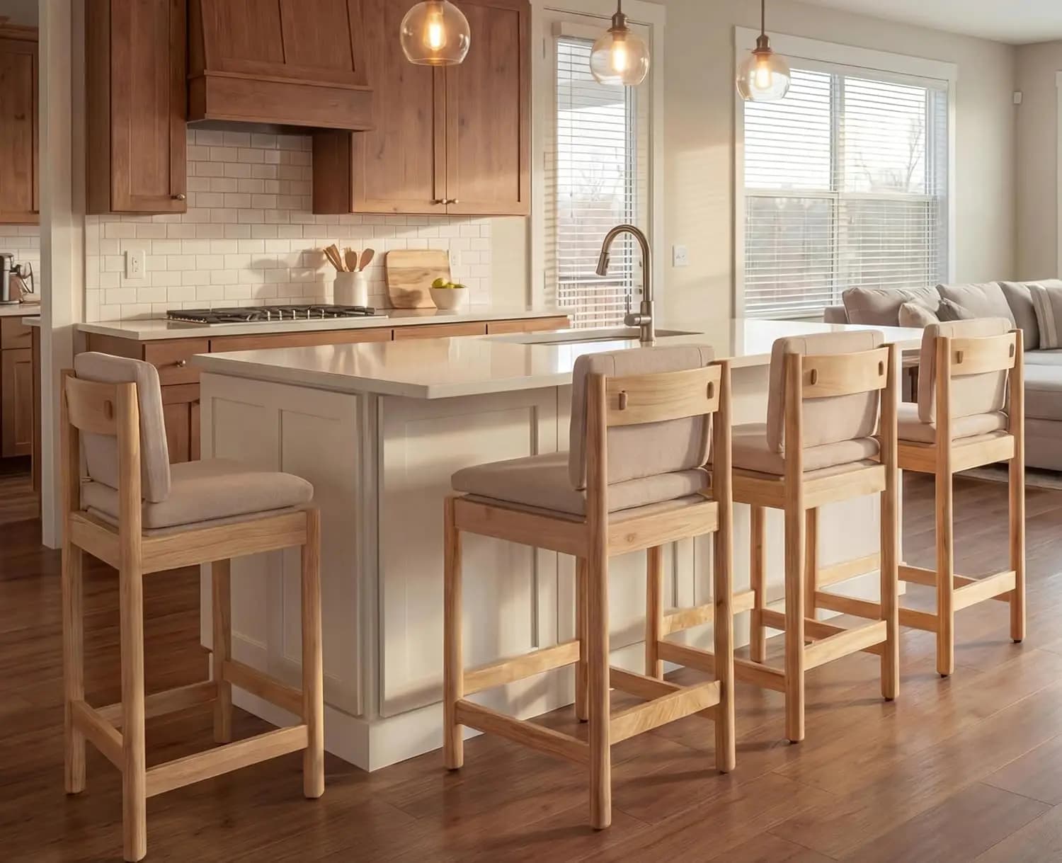 Set di 4 Sgabelli da Bar Alti con Schienale, Stile Rustico e Moderno Mid-Century, in Legno Naturale, Personalizzabili