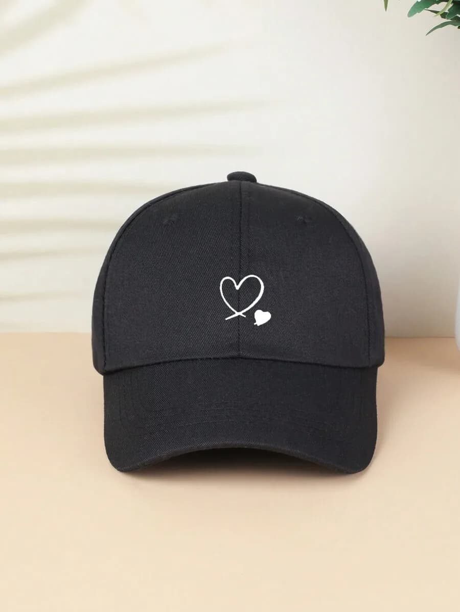 Cappellino da Baseball Unisex Nero con Ricamo Cuore Bianco, Cappello da Sole per Esterni, Accessorio Casual