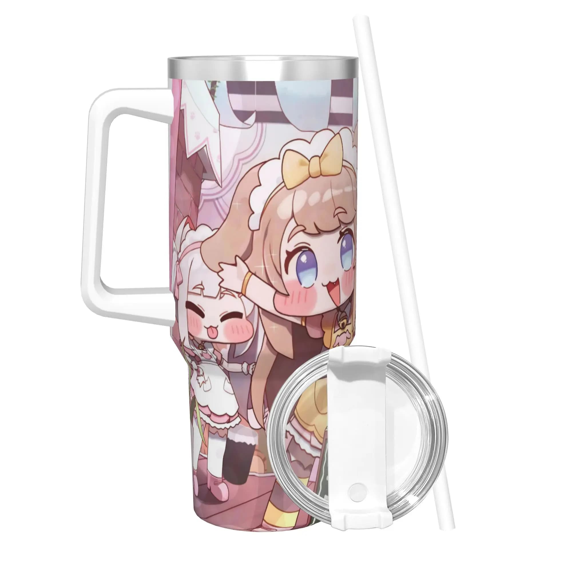 Tazza Termica Isolata Sottovuoto Trickcal C-Chibi Go Games con Coperchio e Cannuccia, Borraccia per Auto da 40oz