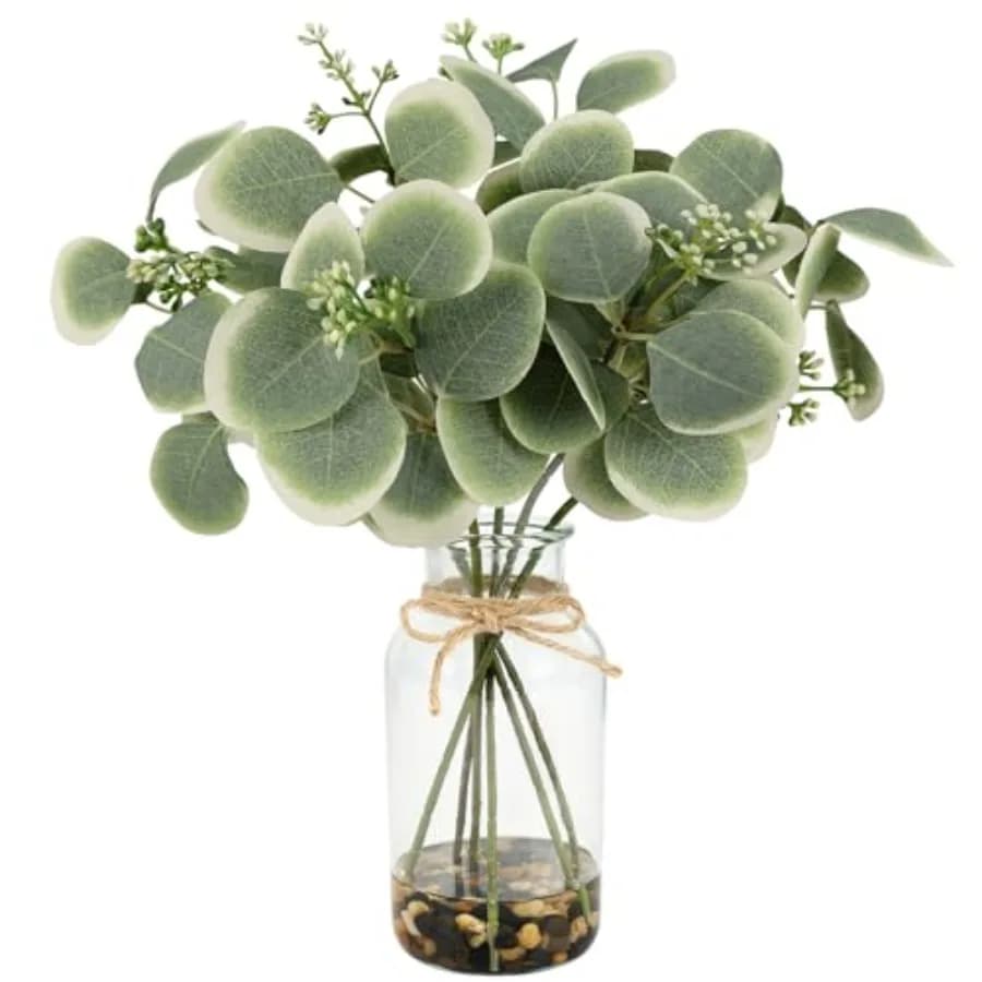 Artificial Eucalyptus Stems in Glass Vase with Faux Water Stones 14" Artificial Plants Indoor Eucalyptus Leaves for Table Cente