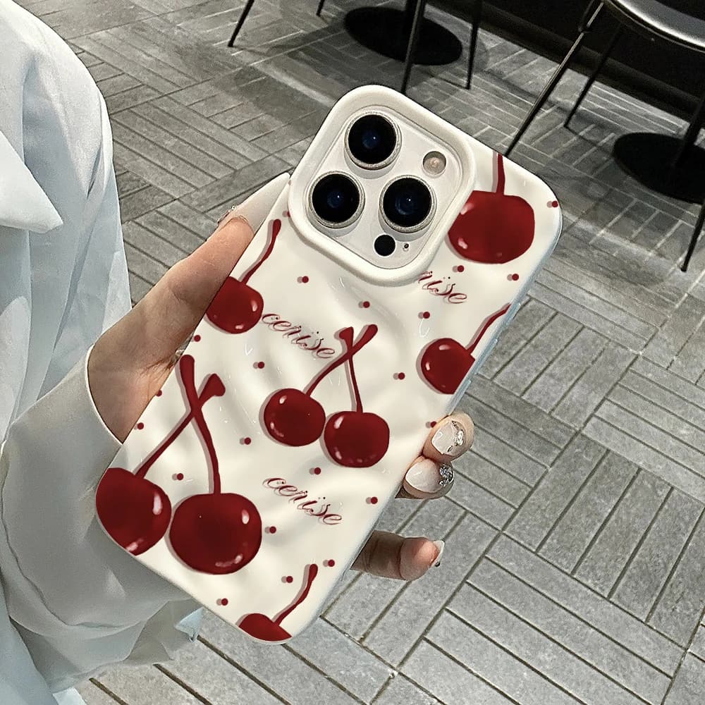Custodia per telefono con motivo ciliegia coreano per iPhone 17 16 15 14 13 12 11 Pro Max 14 15 Plus 17Air, cover morbida in silicone anti-caduta con effetto onda e rughe