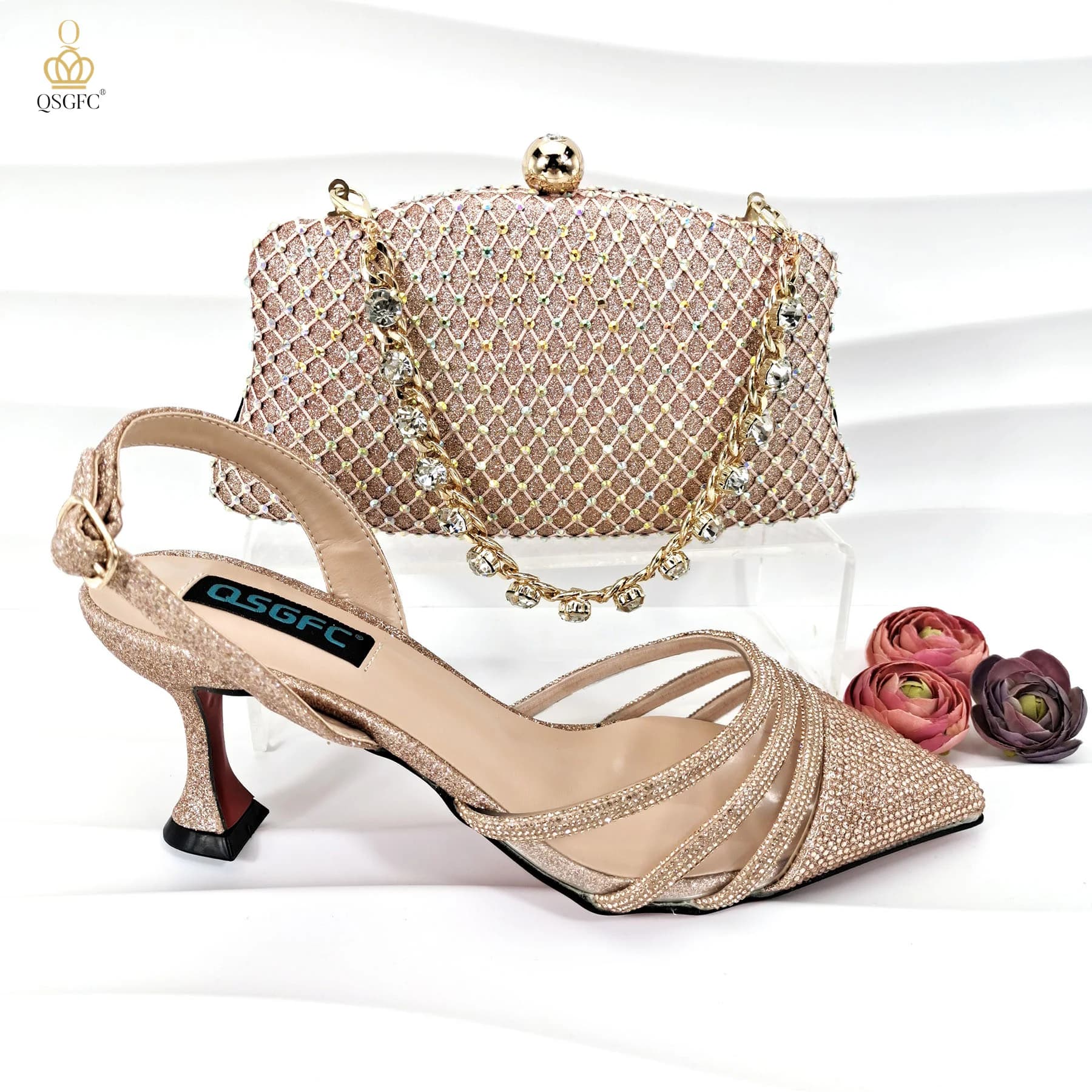 QSGFC Design italiano Nigeria New Trendy Full Diamond impreziosito tacchi alti borsa e scarpe da donna Color pesca per il matrimonio della festa