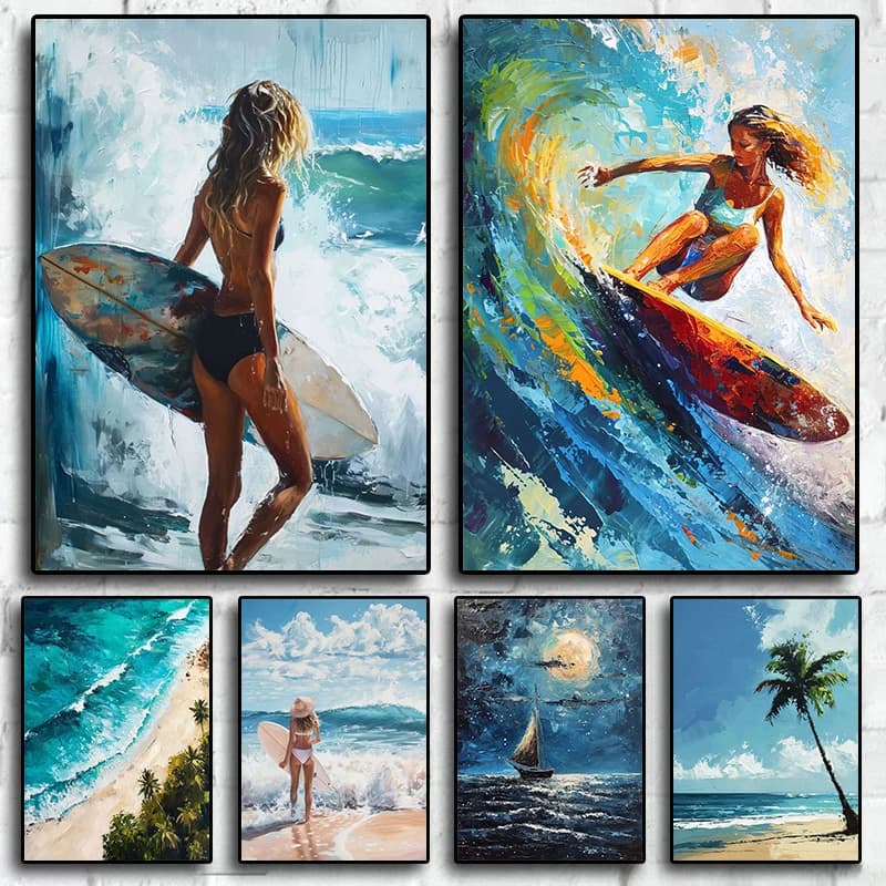 (No frame)1pcsOcean Waves Boat Surf Palm Trees Beach View Poster Canvas Painting Print Wall Art Picture Modern Living Room Ho