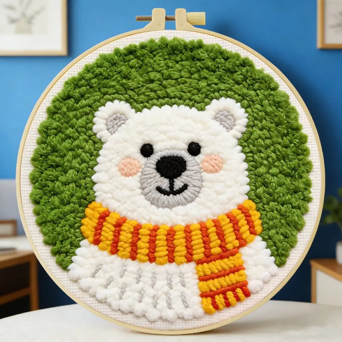 Kit per ricamo punch needle Orso Polare 20x20cm/7.87 pollici, Set per ricamo a punto uncinetto, Ricamo fatto a mano, Regalo fai da te, Decorazione per la casa
