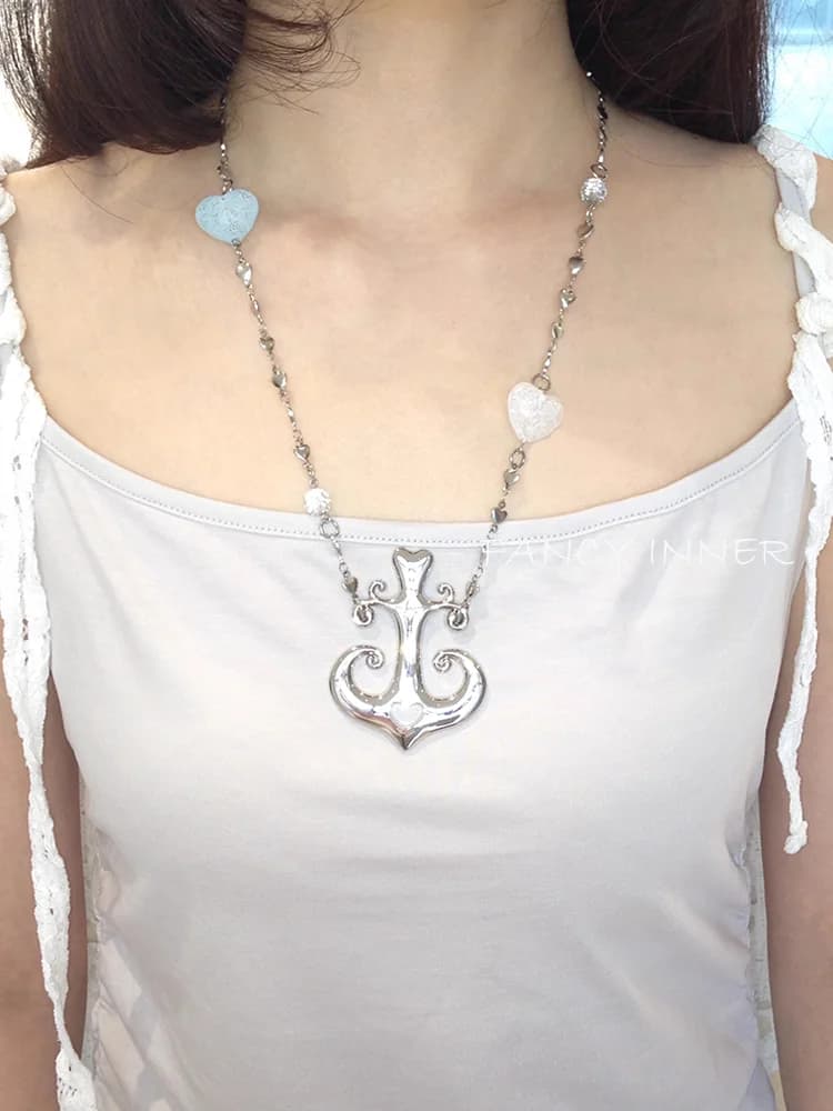 2025 New Necklace Anchor Pendant Sailor Metal Chain Love Heart Y2k Long Neck Accessaries for Women Girl Jewelry