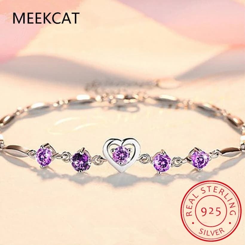 Bracciale a Cuore Romantico in Argento Sterling 925 con Ametista Naturale a Quattro Griffe per Donna, Gioiello con Gemma Viola, Pulseira De Prata