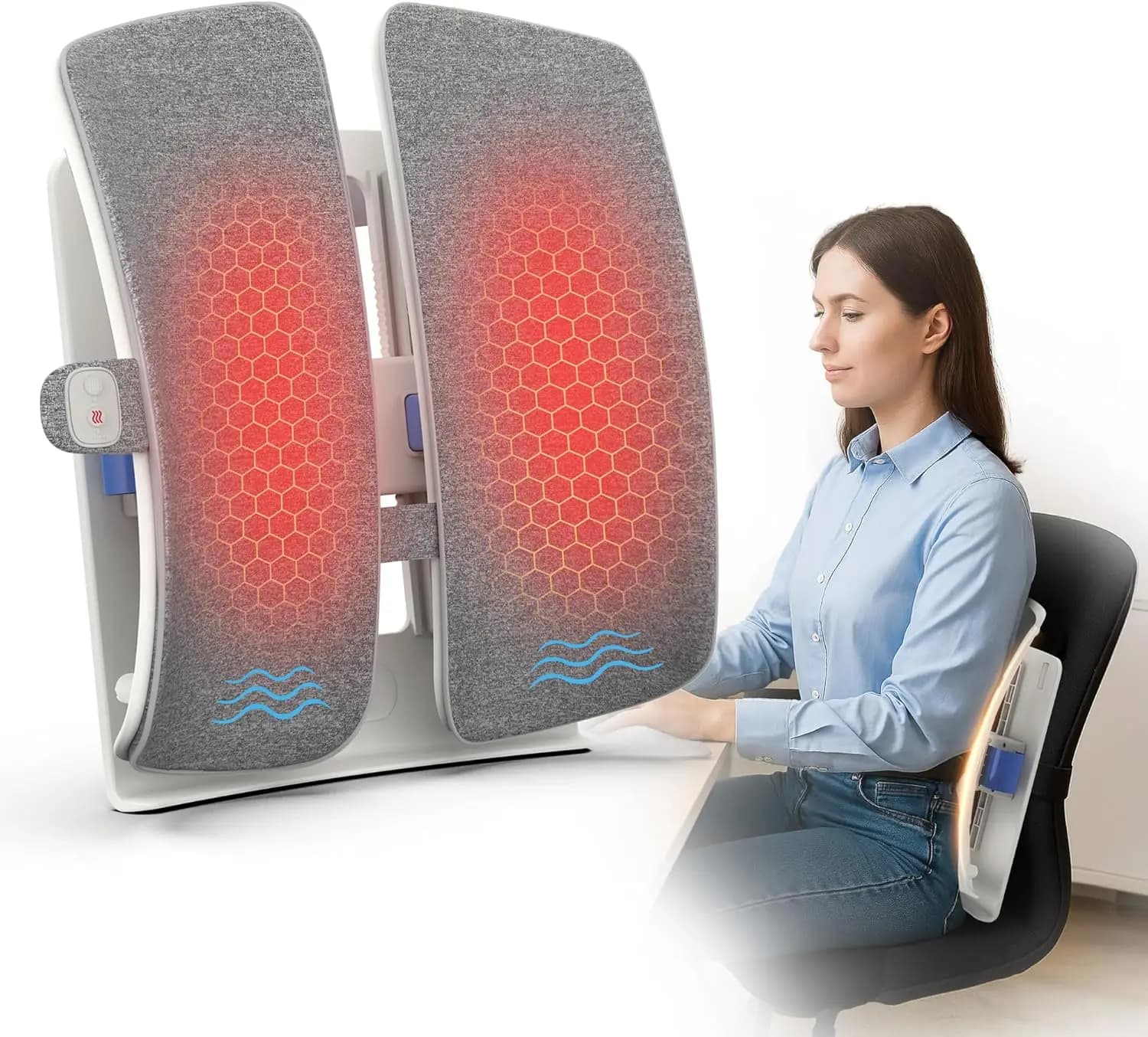 Cuscino riscaldante per supporto lombare con massaggio vibrante, altezza regolabile per sedia da ufficio - Regalo perfetto