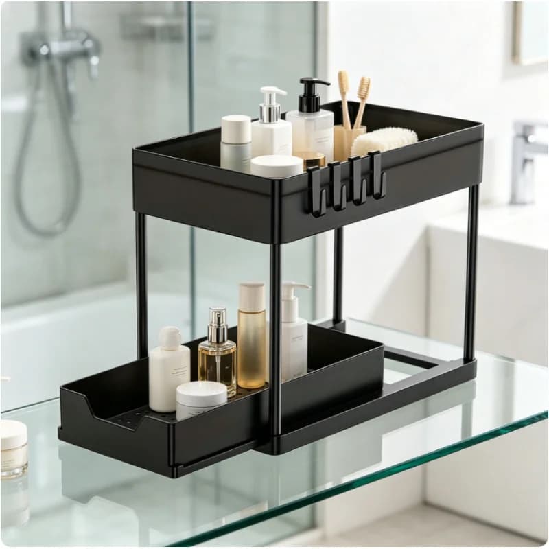 2 Tier Under Sink Sliding Organizer Rack with Hooks Hanging Cup Basket Storage for Kitchen Bathroom Cabinet