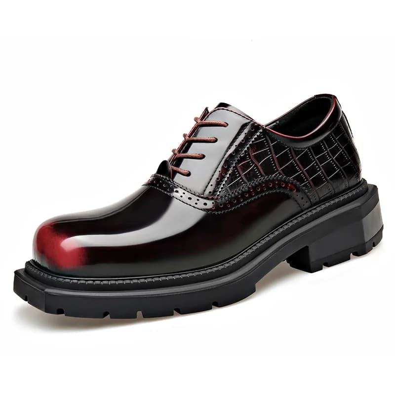 Scarpe Oxford Formali da Uomo con Motivo Coccodrillo, Scarpe Derby in Pelle Sfumata Rosso-Nero, Scarpe da Cerimonia con Plateau per Uomo