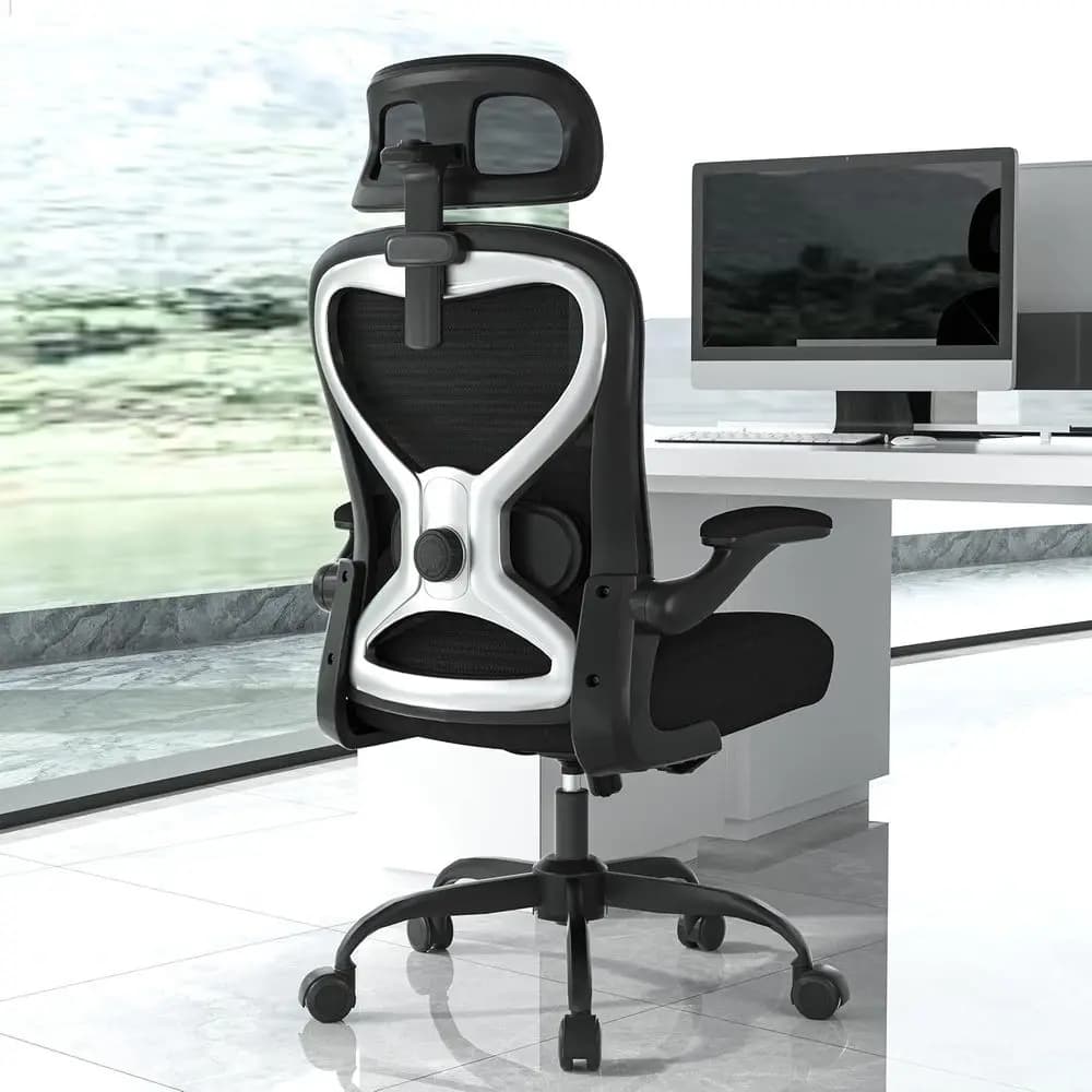 Sedia da ufficio ergonomica, sedia da scrivania in rete con poggiapiedi, supporto lombare, cuscino spesso per il sedile, braccioli ribaltabili, sedia da computer con schienale alto