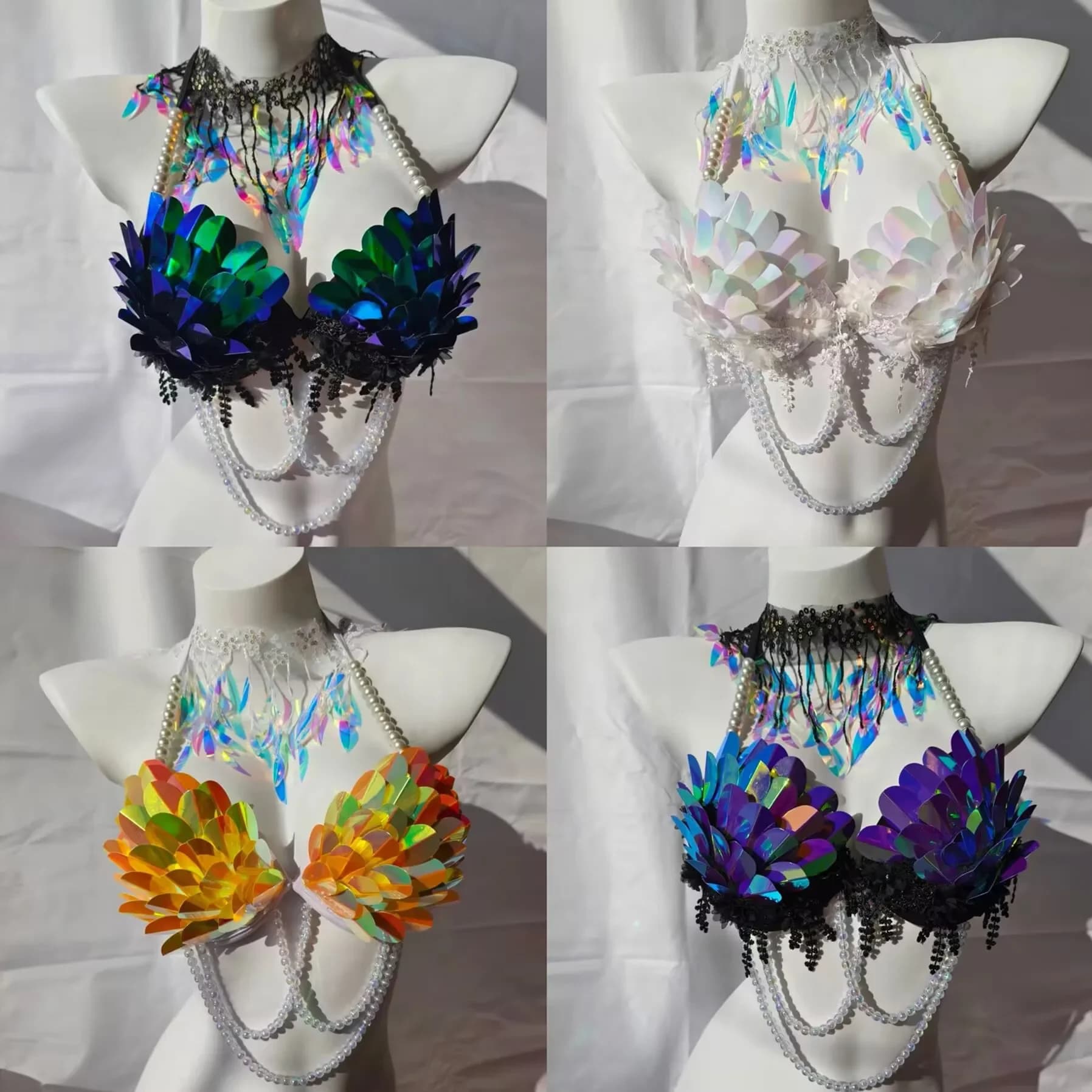 Reggiseno bikini sexy fatto a mano con grandi squame di pesce e paillettes con fascia per il collo di perle Top per costumi da bagno con squame di pesce scintillanti per spettacoli di danza da night club