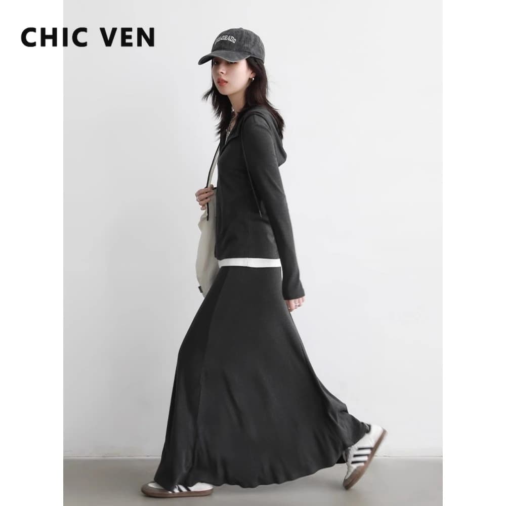 CHIC VEN Women's Dress Solid Trained Casual Hooded Set Two-piece T-shirt with half skirt wide Set Pullover Spring Autumn 2025