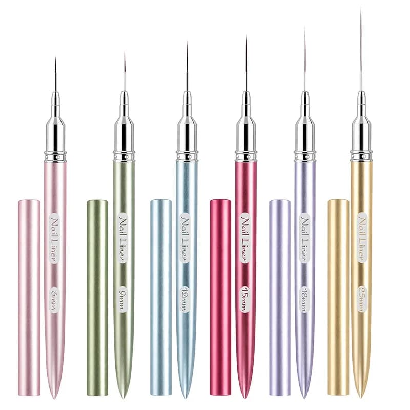 6/9/12/15/18/25mm Color Metal Handle Nail Art Liner Brushes, DIY Drawing Pen for Lines, Stripes & Flower Design, UV Gel Nail Art