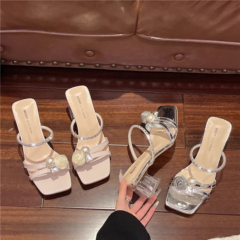 Sandali Estivi con Tacco Alto in Cristallo, Decorazioni di Perle e Strass, Nuovo Stile 2026, Scarpe Estive