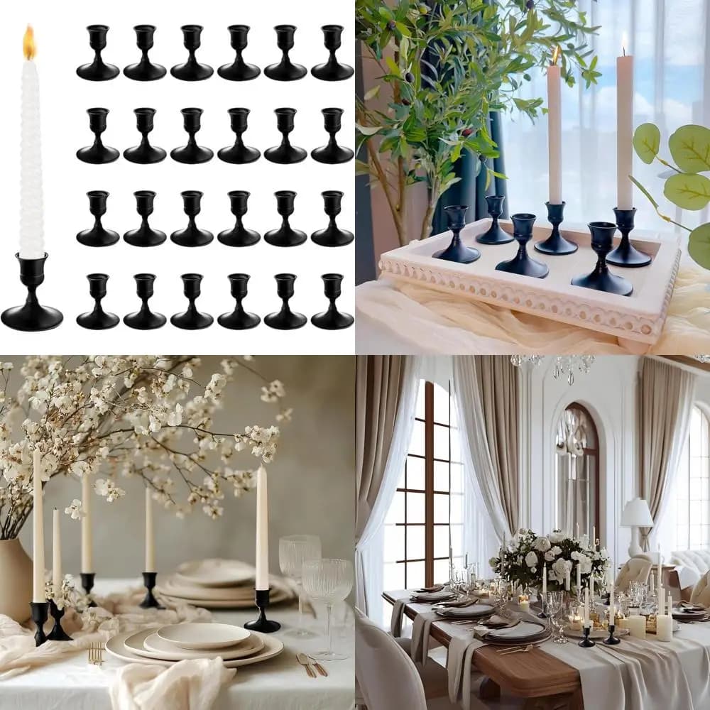 Set di 24 Portacandele in Metallo Nero per Matrimoni, Tavola da Pranzo e Decorazioni per la Casa