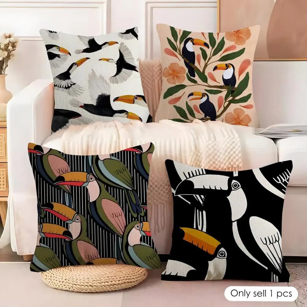 Fodera per cuscino Cool Toucan in lino naturale, tessuto organico, stampa fronte-retro, fodere per cuscini da divano, decorazioni per la casa