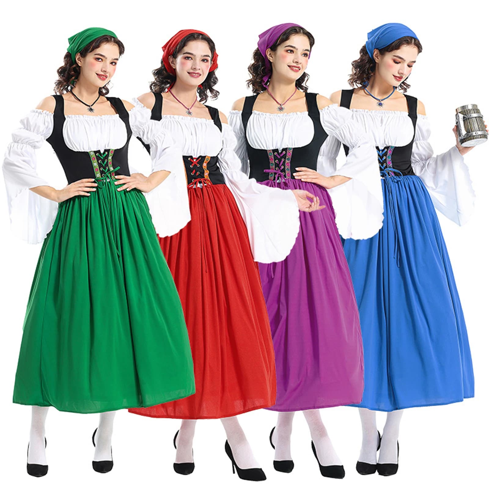 Abito da cameriera vintage da donna di Halloween, manica lunga, spalla fredda, patchwork, abito lungo con sciarpa per capelli, costume cosplay