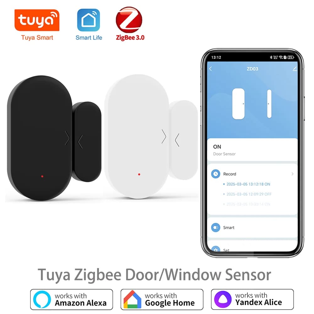 L'allarme del sensore per porte e finestre Tuya Zigbee funziona con Alexa Google Assistant, per l'automazione della sicurezza domestica, l'APP Tuya Smart Life