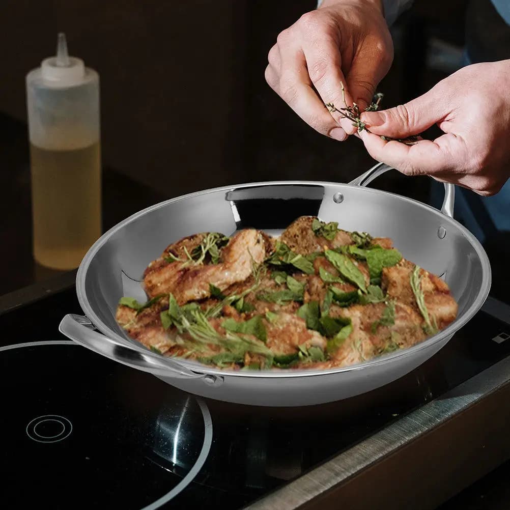 Small Hot Pot Stainless Steel Flat Dry Pot Double Handle Kitchen Cooking Pan Nonstick Frying Pan Household Cooking Tool